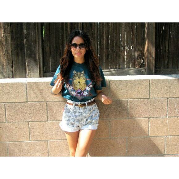 Vintage Invisible Scribble Abstract Print Frayed Hem High Waist Short Shorts - Picture 2 of 5